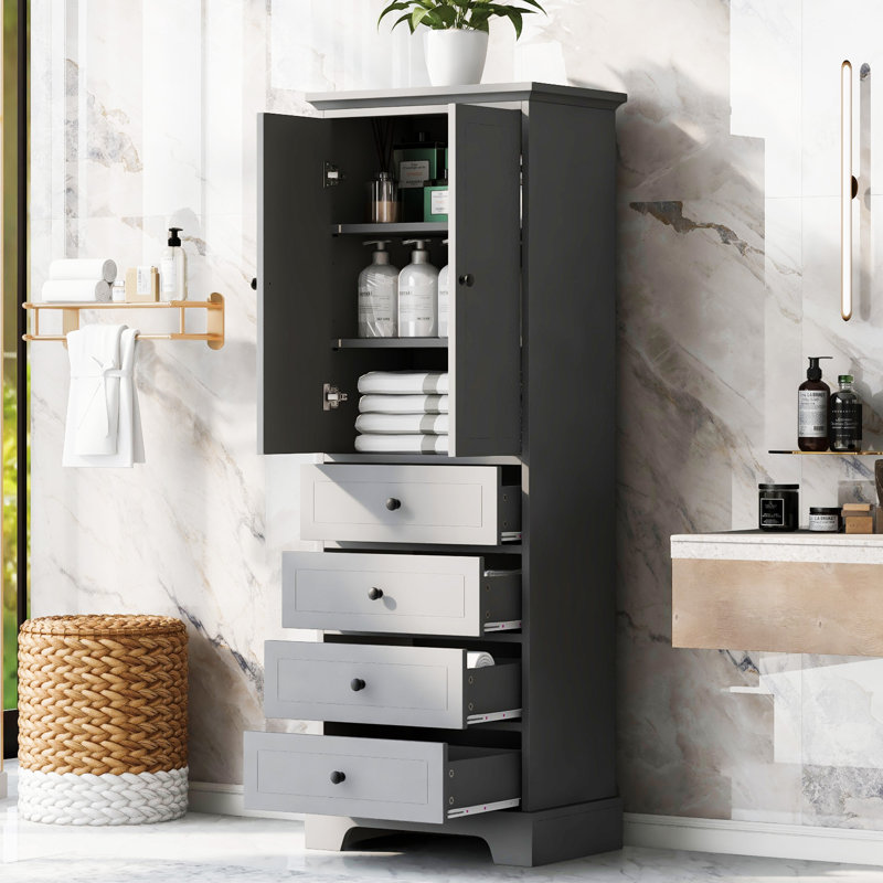 Armoire de rangement avec 2 portes et 4 tiroirs pour salle de bain, bureau, tablette réglable, panneau de fibres à densité moyenne avec finition peinte, armoire de salle de bain 