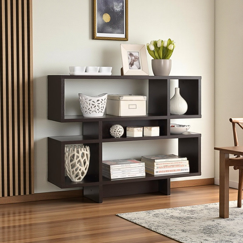 Ponder modern 4-level bookshelf in brown, 34.97'' H X 43.79'' W X 11.16'' D