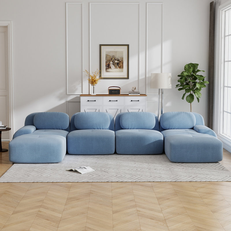 Compression Sofa, U Shape Sofa, Corduroy Fabric Sofa, For Living Room, Blue Corduroy