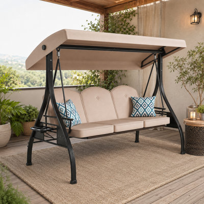77" 3-Person Convertible Outdoor Patio Swing Bed with Adjustable Canopy & Cup Holders, 800 lb. Capacity