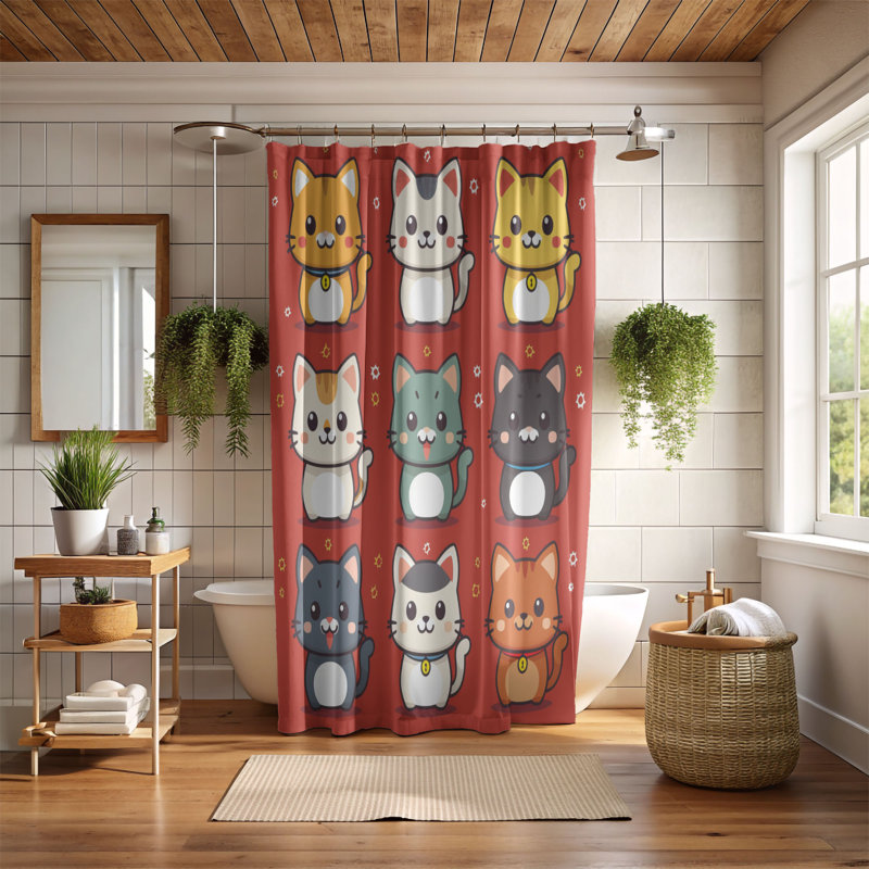 Chibi Cats - Rideau de douche Premium, H 74 po x l 71 po