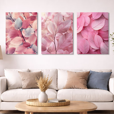 Rose Shadows Among the Leaves I – Pink Botanical 3 Piece Metal Wall Decor