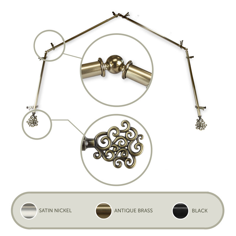 Ensemble de quincaillerie à rideaux simple à 3 côtés pour fenêtre bay Reinaldo, 28 po à 48 po (chaque côté), Laiton antique