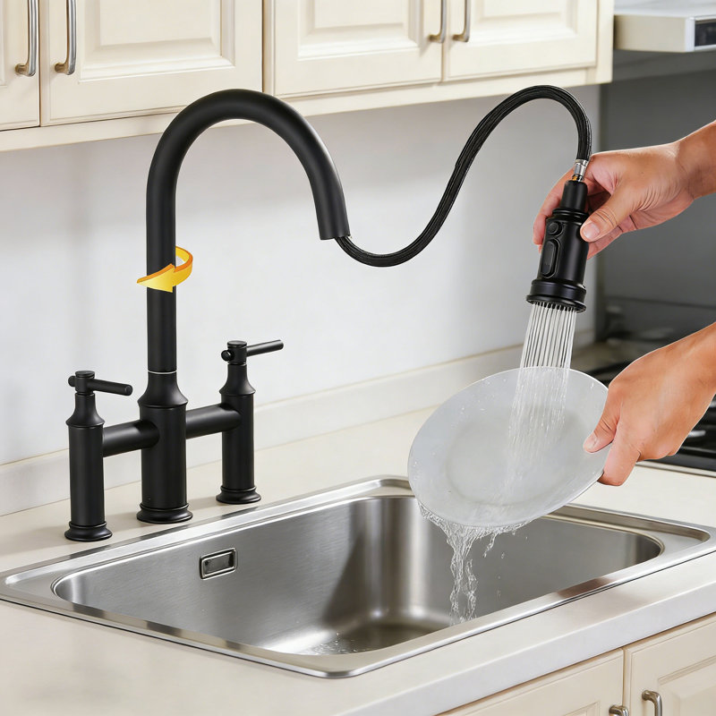 Bridge Kitchen Faucet, 3 Holes Kitchen Faucet With Pull Down Sprayer,2 Handles, 360° Swivel Spout, Black