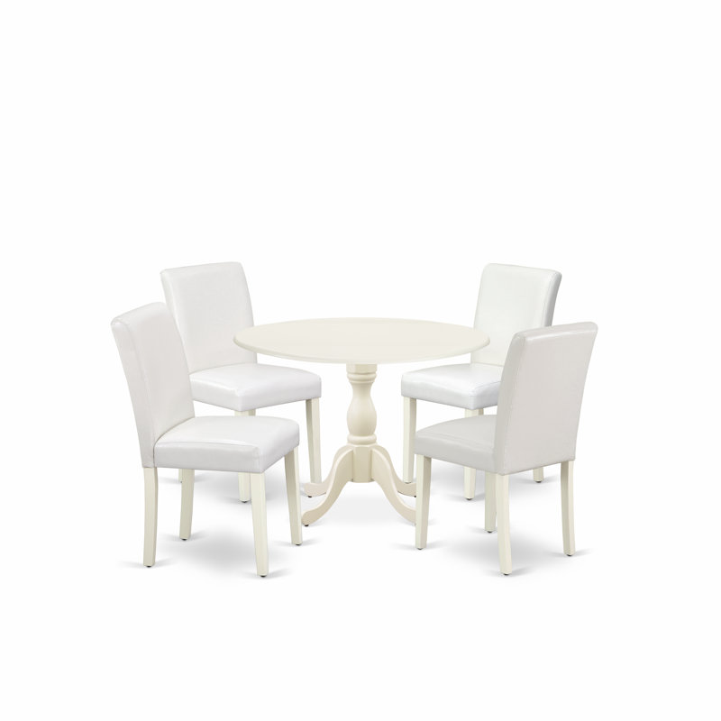 5 Piece Dining Room Table Set Includes a Round Dining Table with Dropleaf and 4 White Faux Leather Upholstered Parson Chairs, Linen White