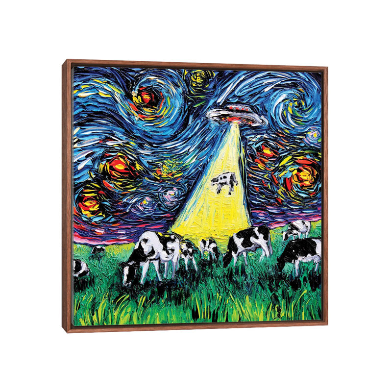 " Van Gogh Was Never Abducted " by Aja Trier, No Mat, Classic Brown Wood Framed Canvas, 18" H x 18" W x 1.5" D