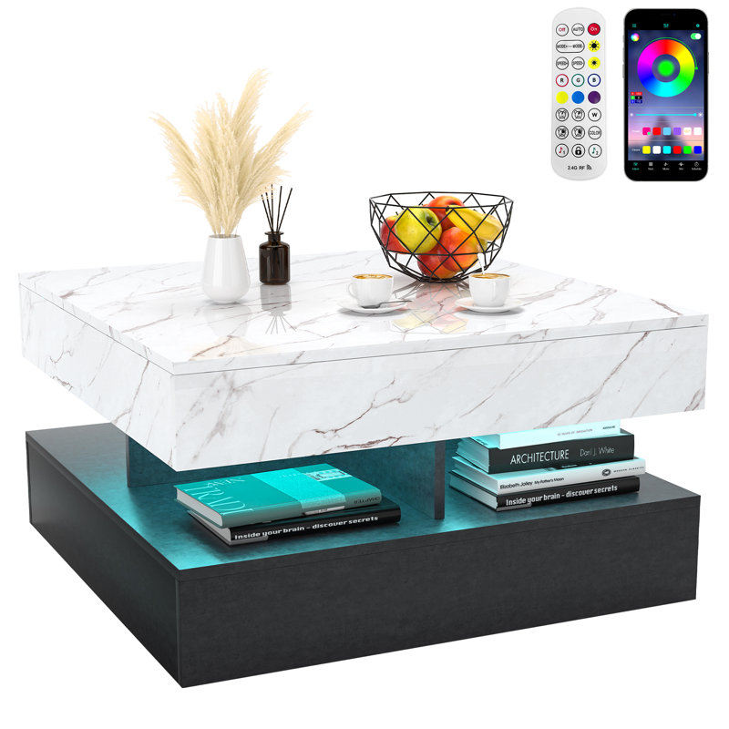 Square LED Coffee Table for Living Room, 2-Tier Centre Table with Plug-in LED Light