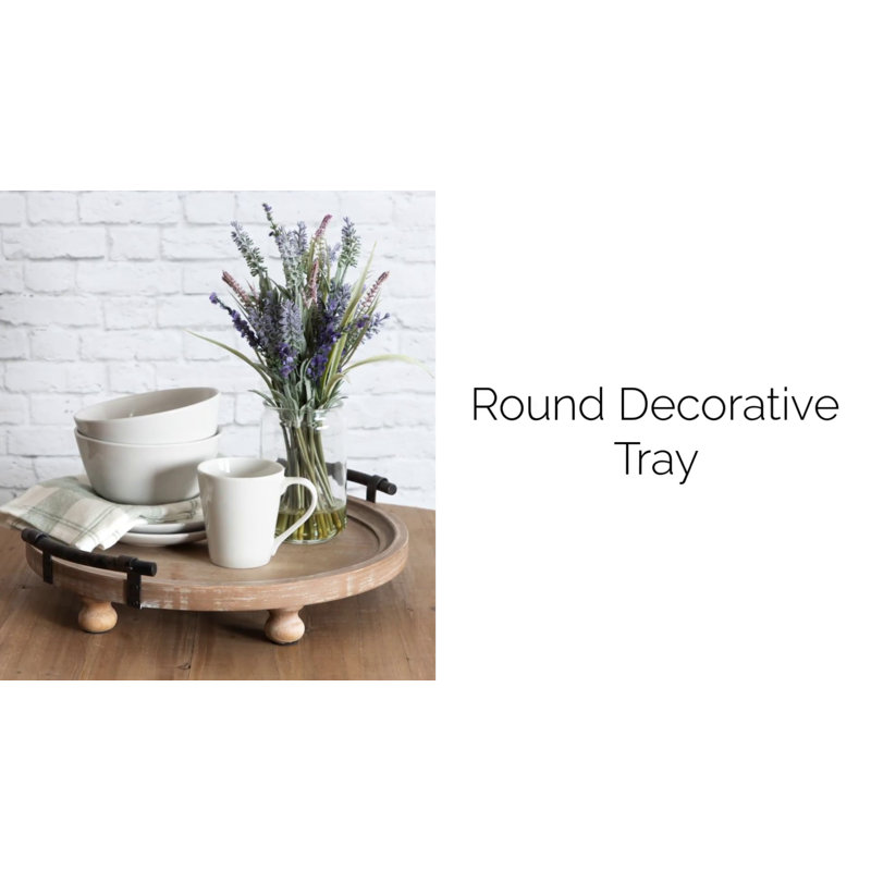 Rustic White 15" Wooden Round Serving Tray with Metal Handles