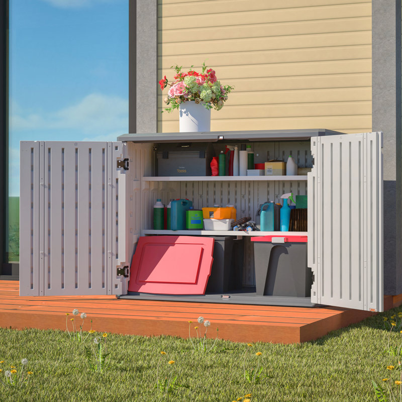 Horizontal Storage Shed With Removable Shelf, Large Lockable Outdoor Storage Cabinet, Weather-Resistant HDPE Plastic Storage Unit For Backyard, Patio, Garden – 28 Cu.Ft, Ivory White