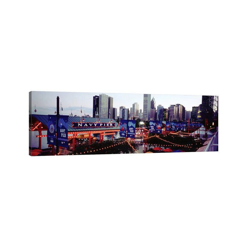 Amusement Park Lit Up At Dusk, Navy Pier, Chicago, Illinois, USA - Wrapped Canvas Panoramic Print