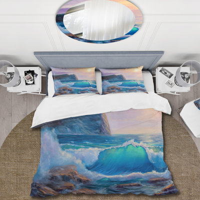 Blue Waves Breaking At The Beach III - Nautical & Coastal Duvet Cover Set - Microfiber Polyester