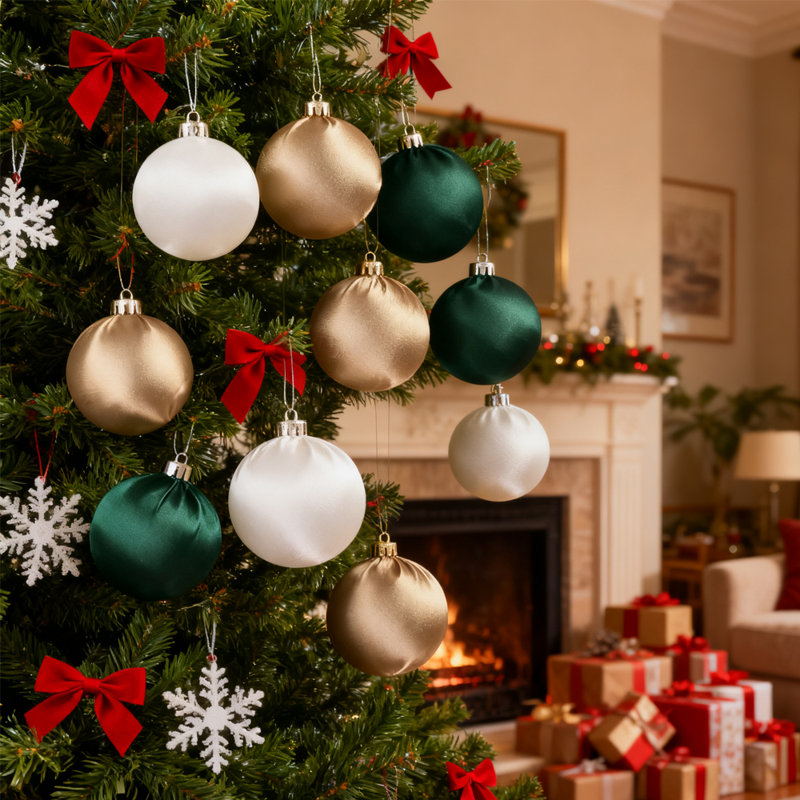 12 boules de Noël en satin lustrées - 6 cm d'élégantes décorations blanches, jaunes et vertes pour un décor festif