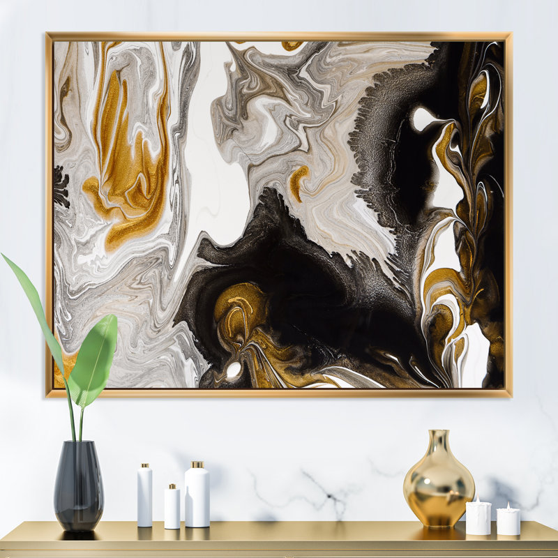 Or et vagues de marbre noir II - peinture sur toile, H 30 po x l 40 po, Cadre flottant doré