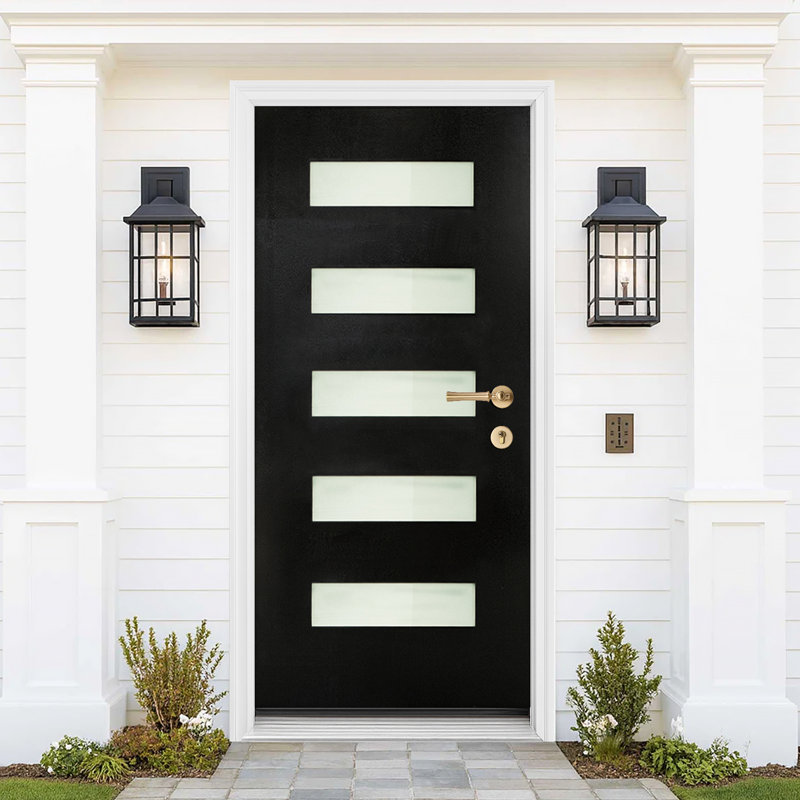 Porte d'entrée amovible de 36 po x 80 po en fibre de verre noire, de style moderne, convenant aux portes d'entrée résidentielles, charnière à droite, ouverture vers l'intérieur, avec cadre de porte en vinyle blanc