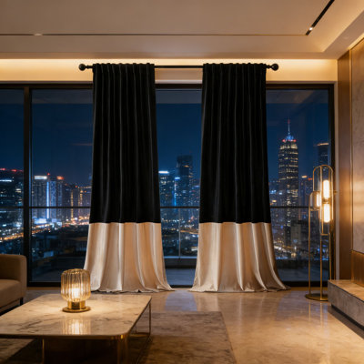 Modern Blackout Curtains With Color Block Design - Velvet Soundproof Drapes For Living Room And Bedroom, Back Tab And Rod Pocket, 2 Panels Per Pack