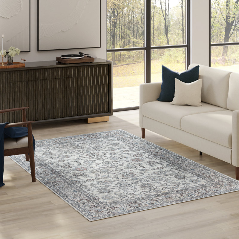  adamstown Emporia Lianne Machine Washable Traditional Border Indoor Area Rug, Ivory Gray Beige Non-Slip Chenille – Living Room & Bedroom, 5x7