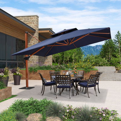Parasol en porte-à-faux 144 po carré en bois avec base en tôle d'acier, marine