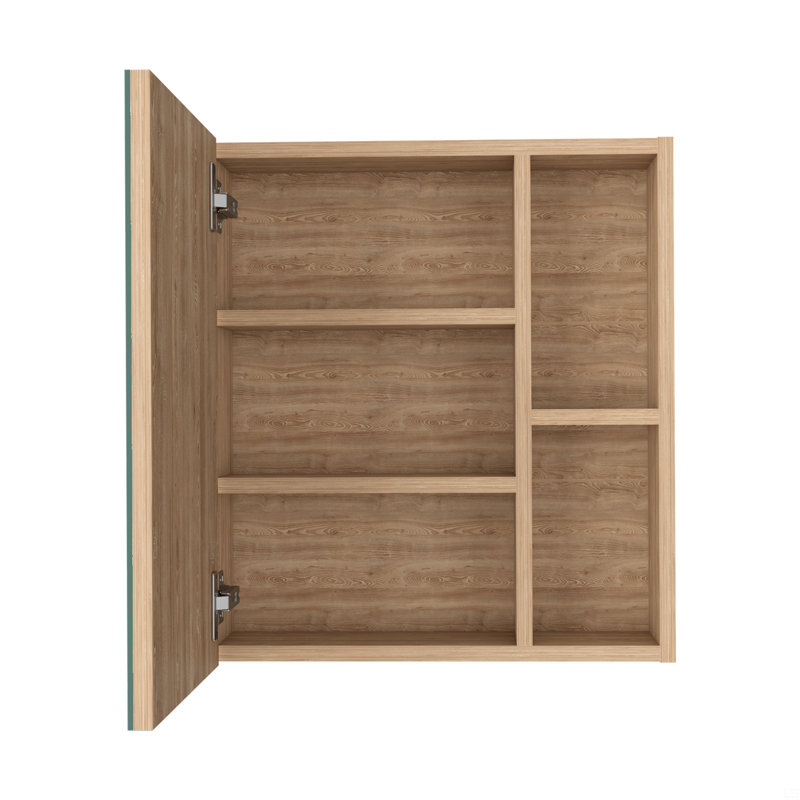 Pharmacie avec miroir, cinq tablettes internes, porte simple - pin, Beige