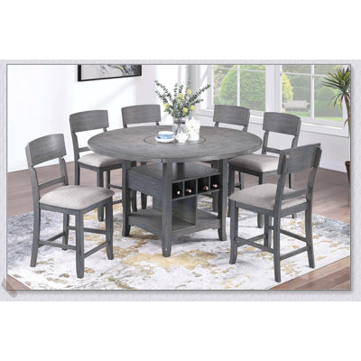 Contemporary 7pc Counter Height Dining Set with Gray Table, Lazy Susan, Built-in Leaf, and 6 High Chairs for Kitchen and Dining Room