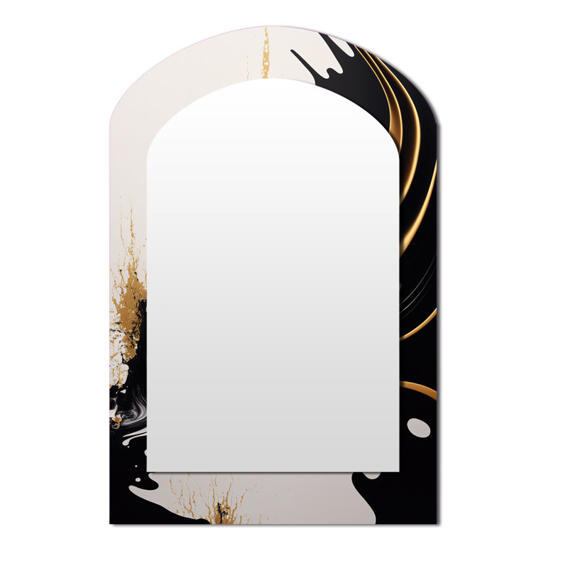 Black And Gold Wave - Abstract Arch Mirror, Black Asymmetrical Decorative Wall Mirror, Printed Metal Art, 43" x 33"