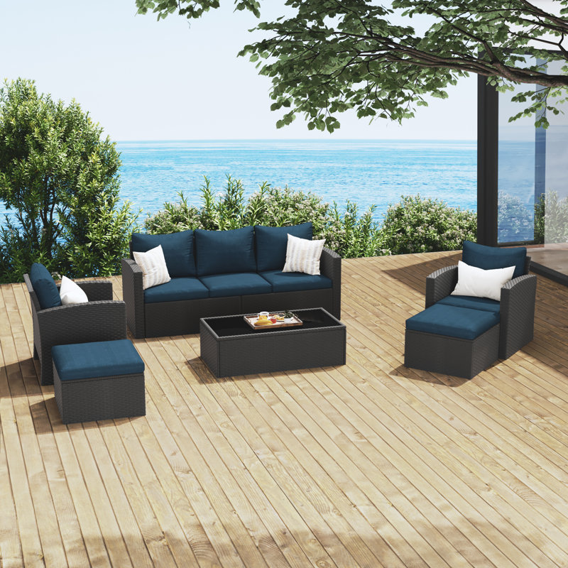Ensemble de conversation avec coussins 6 pièces, Bleu marine