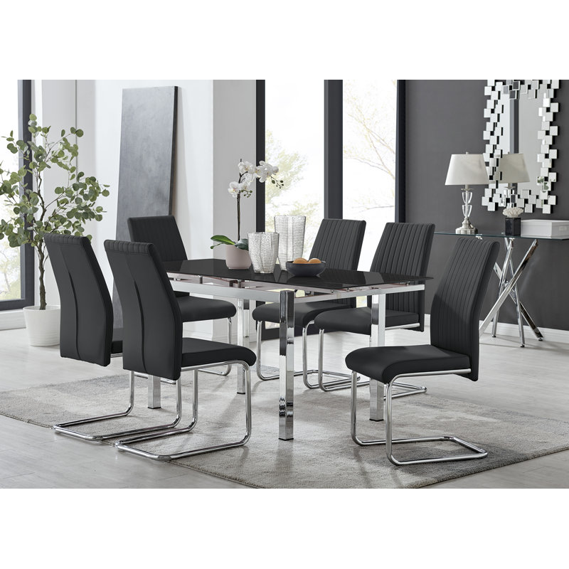 Tierra Modern Glass & Metal Extendable Dining Table Set & 6 Luxury Faux Leather Dining Chairs, Black