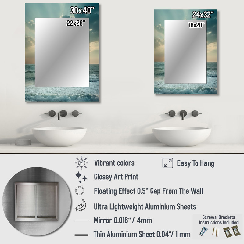 Coastal Waves Scenery View - miroir décoratif de vagues, miroir mural vert, impression d'art en métal, 40 po x 30 po