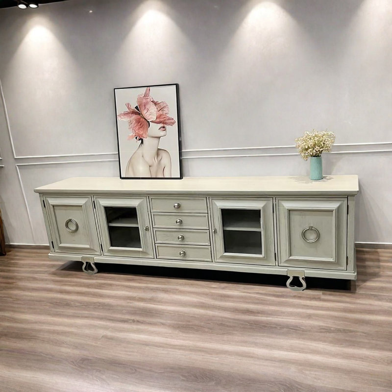 Meuble télé gris clair haut de gamme, H 27,2 po x L 86,6 po x l 17,3 po
