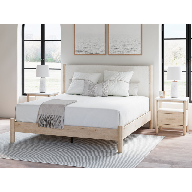 Très grand lit à panneau tapissier Ciaran, Beige / Blanc, Très grand lit