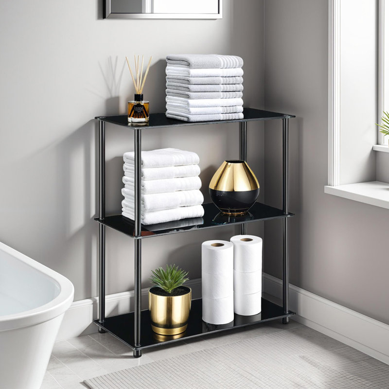 Beckett Etagere 26.50" Glass Bookcase with Metal Poles, Black Glass
