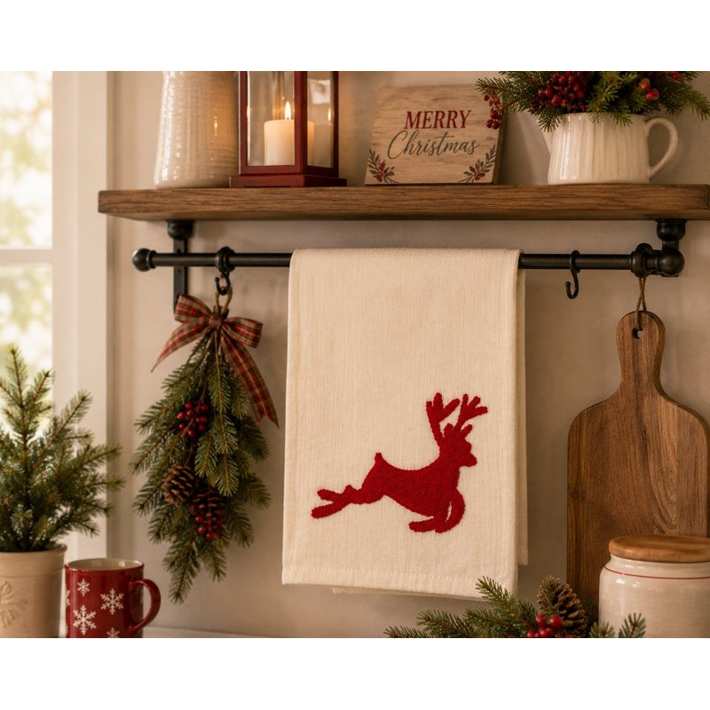 Reindeer Crewel Dish Cloth Kitchen Towel