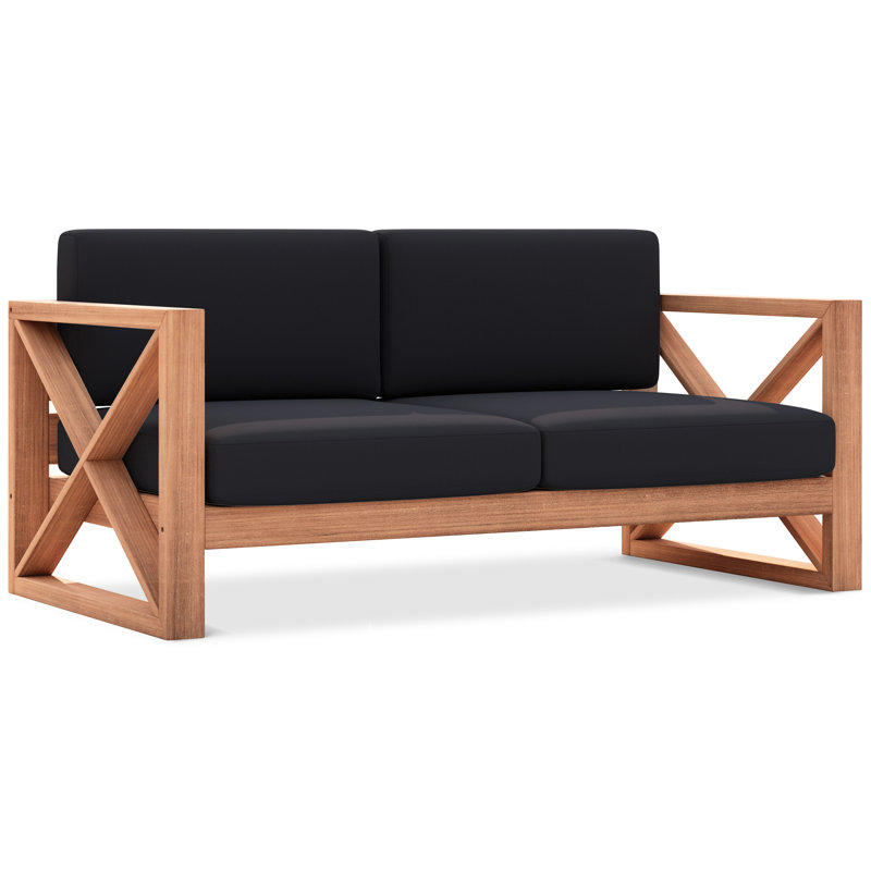 Causeuse de patio rectangulaire avec coussins de 65 po de large Anguilla, Noir, 2