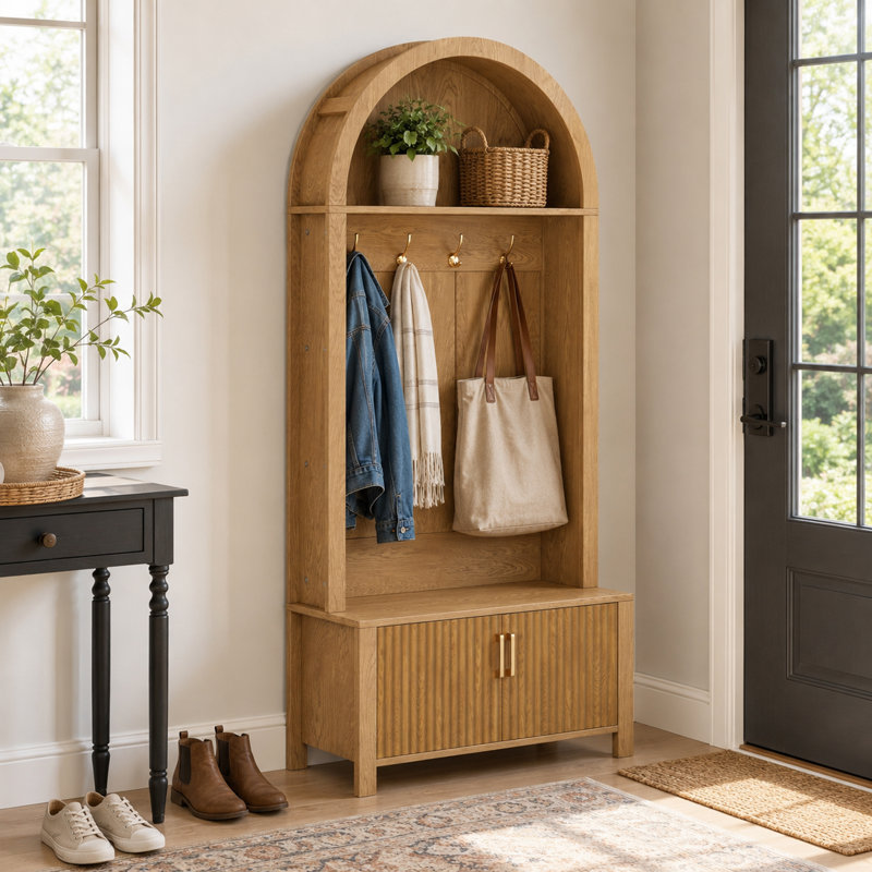 70.3" Arched Hall Tree with Bench & Shoe Storage, 4 Hooks and 2 Fluted Doors, Natural