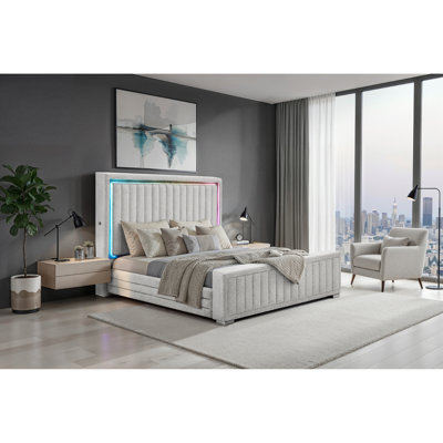 King Size Upholstered Panel Bed with Channel Tufted Headboard, Integrated LED Lighting and Immersive Sound System, Solid Wood and Manufactured Wood Construction in Grey Finish