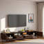 Meuble télé moderne avec rangement fermé, tablettes ouvertes, rangement fermé, gestion des câbles et pieds en fer