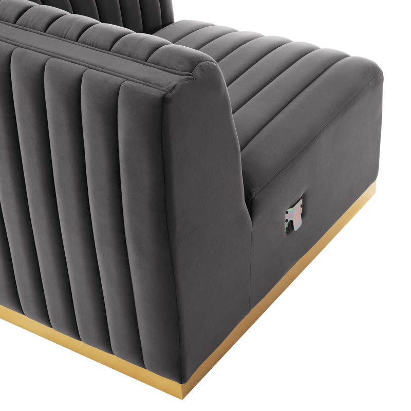 Elegant Gold Gray Velvet Tufted Sofa with Brushed Gold Base