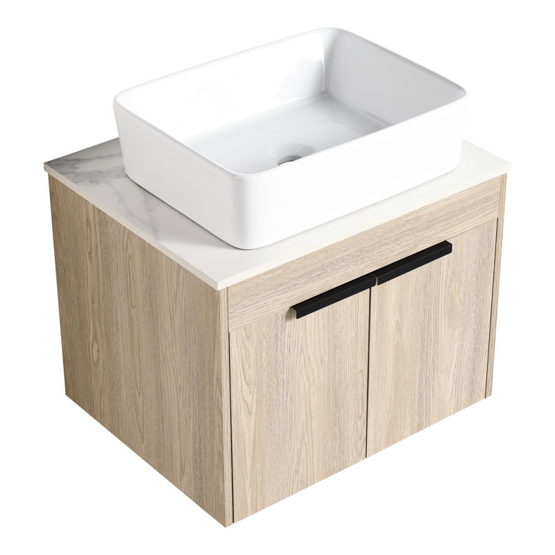 Meuble-lavabo de salle de bain avec lavabo en céramique. Meuble-lavabo mural de 24 po en chêne blanc. Porte à fermeture douce et espace intérieur abondant. Armoire moderne. Rangement intérieur généreux dans les armoires.