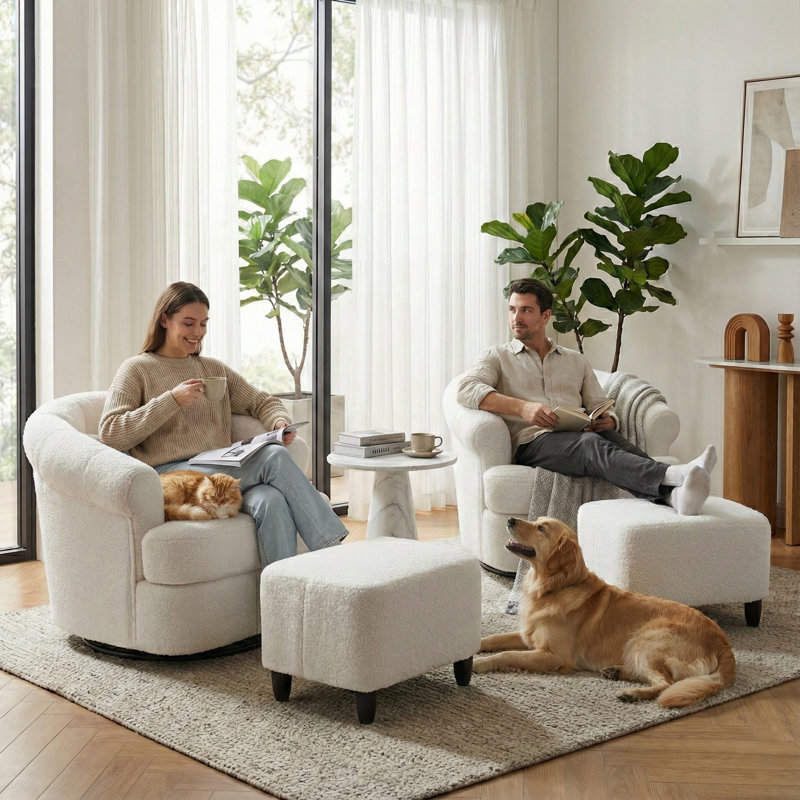 Ensemble de chaises pivotantes demi-tonneau avec repose-pieds rembourré et capitonné (ensemble de 2), Blanc, Matte Black