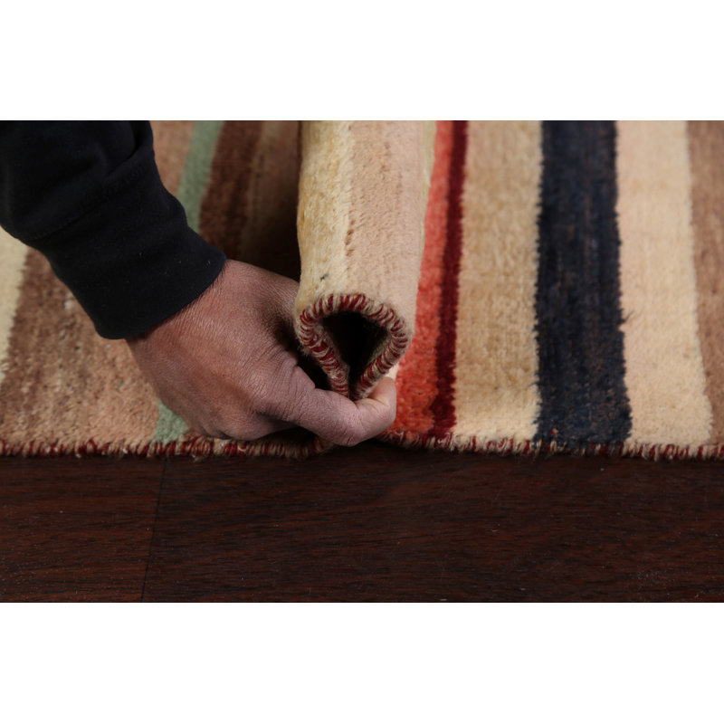 Tapis beige / rouge en laine noué à la main de conception unique 2 pi 7 po x 3 pi 10 po New Age