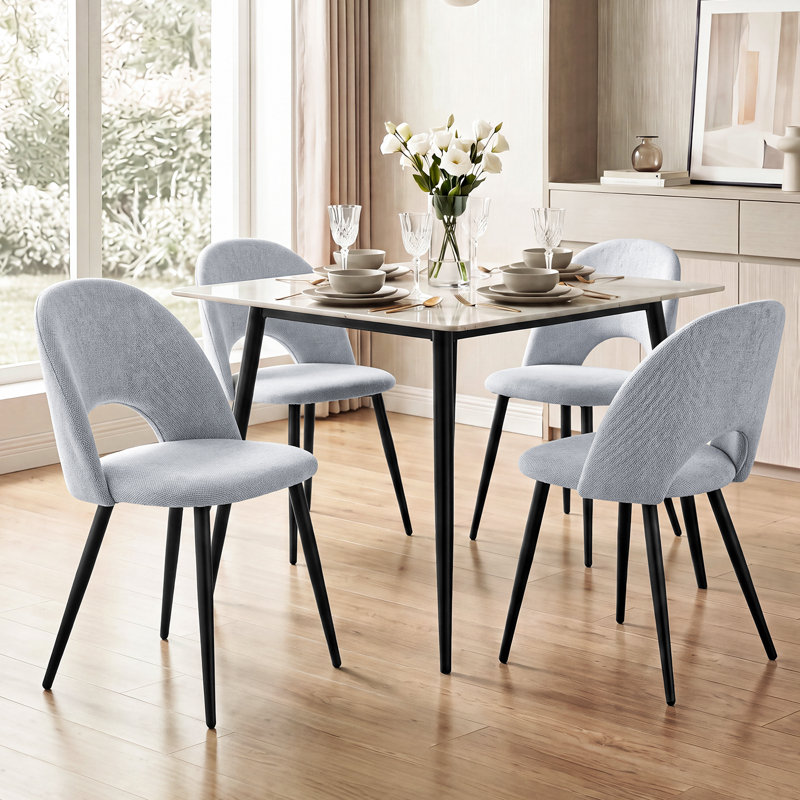  Modern Minimalist Horseshoe Velvet Dining Chair - Upholstered Hollow Back Chair - Black Metal Legs, Grey