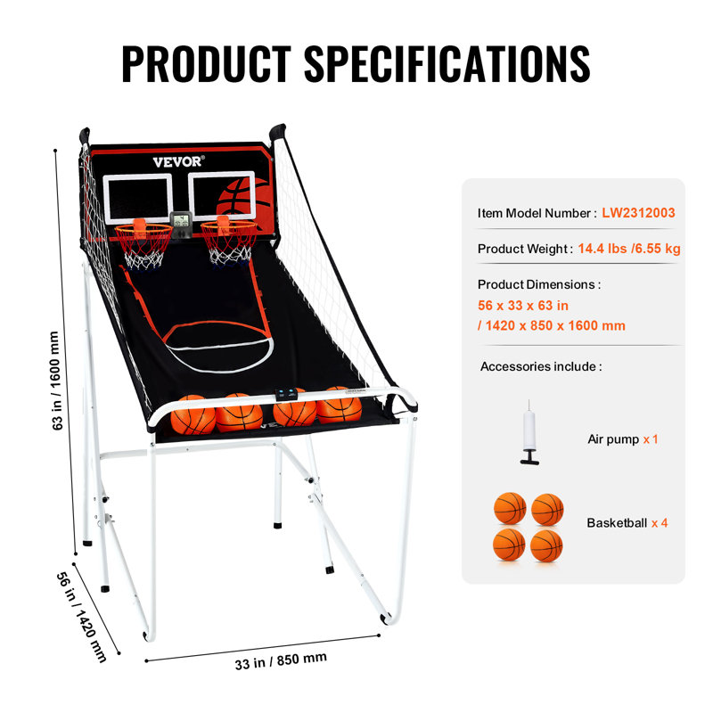 VEVOR 2 Player No Power Source Required / Manual Basketball Arcade Game, 63" H x 56" W x 33" D