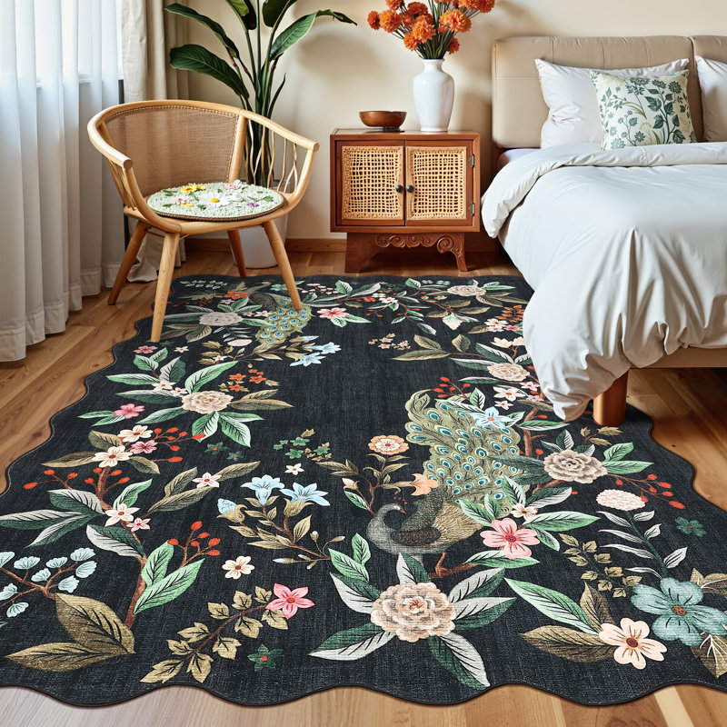 Scalloped Washable 5x7 Area Rug Floral Peacock Rugs for Living Room Botainical Farmhouse Soft Non Slip Large Under Table Carpet for Dining Room
