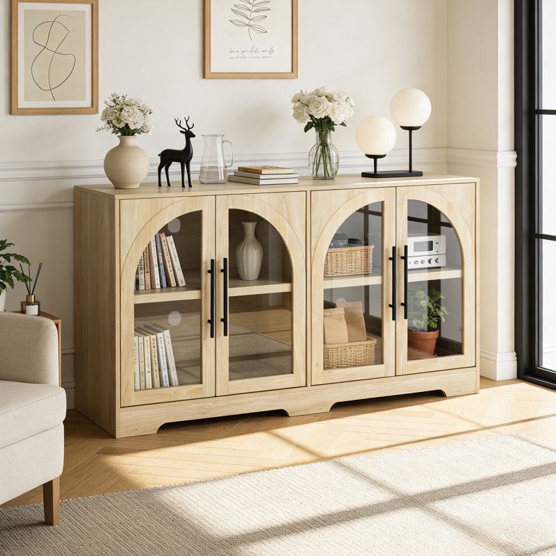 55" W  Rustic Display Buffet Cabinet With Arched Glass Doors, Modern Buffet Sideboard Coffee Bar Cabinet With Storage And Adjustable Shelves,For Kitchen,Living Room And Entryway