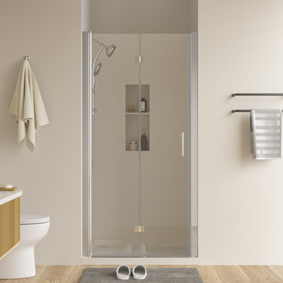 Bi-Fold Frameless Shower Door Walk in Pivot Clear Glass Hinge Shower Door 6mm With Tempered Glass and Explosion-Proof Film
