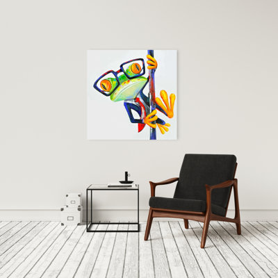 Drôle de grenouille avec lunettes | Décoration murale bleue en toile