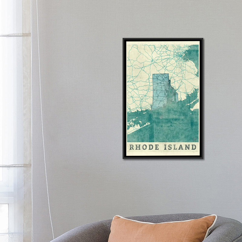 «Rhode Island Map», impression sur toile, H 26 po x l 18 po x P 1,5 po, Toile avec cadre noir, Pas de tapis