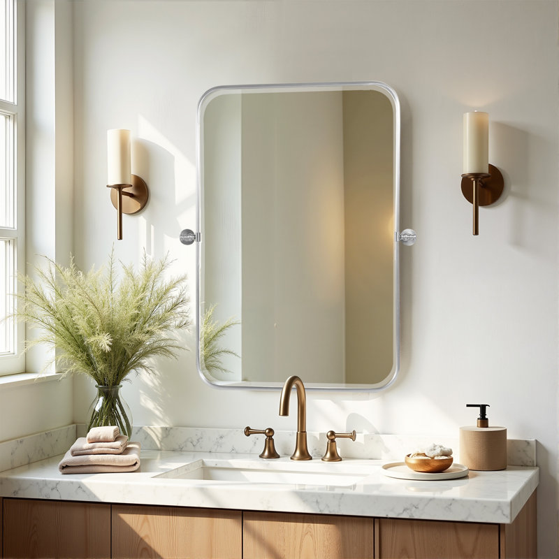 Orton Metal Wall Mirror with Adjustable Tilted Frame, Silver/White, 36" x 24"