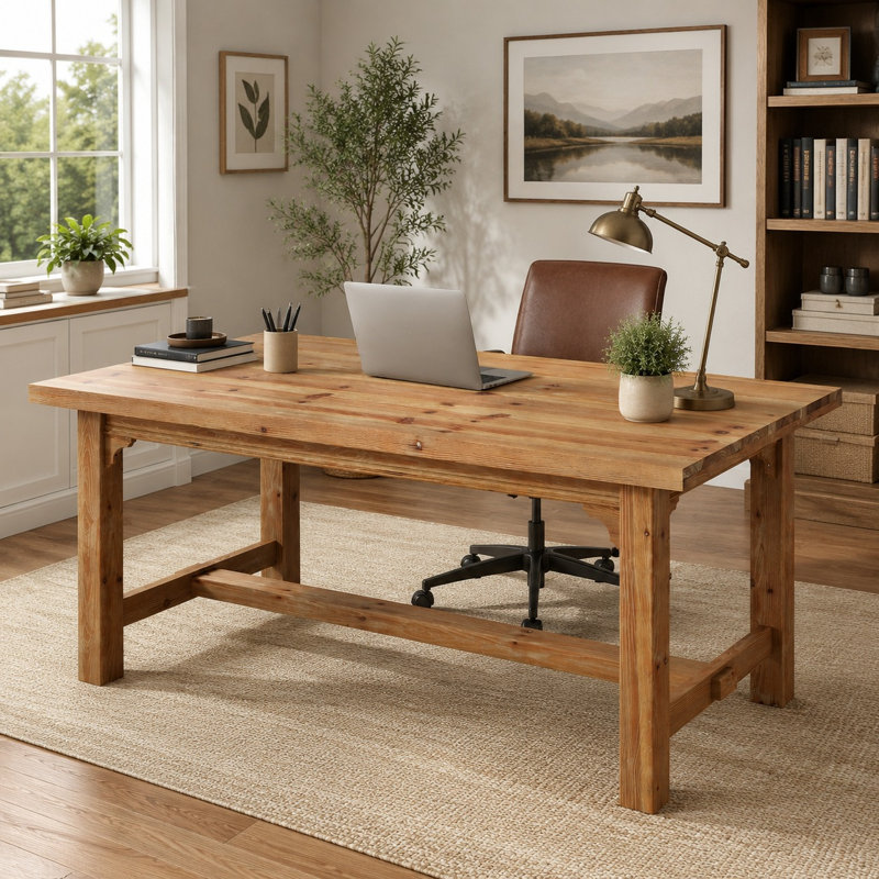 63" Solid Wood Executive Desk With Foot Bar For Home Office, Natural Brown