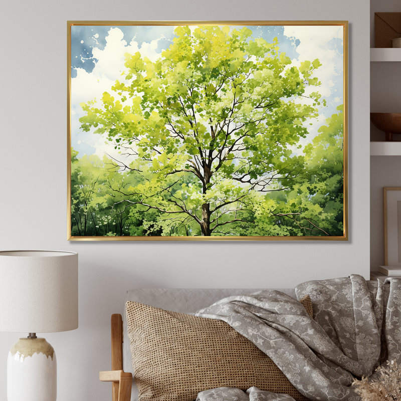 «Green Spring Blooms Tree I», art mural arbre, Cadre flottant doré, H 16 po x l 32 po x P 1 po
