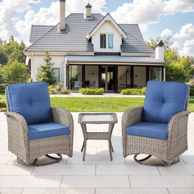 Valierius 3 Piece Patio Furniture Set Outdoor Wicker Swivel Glider Chairs Set With Cushions & Wicker Side Table For Patios, Decks, And Garden Relaxati by Red Barrel Studio